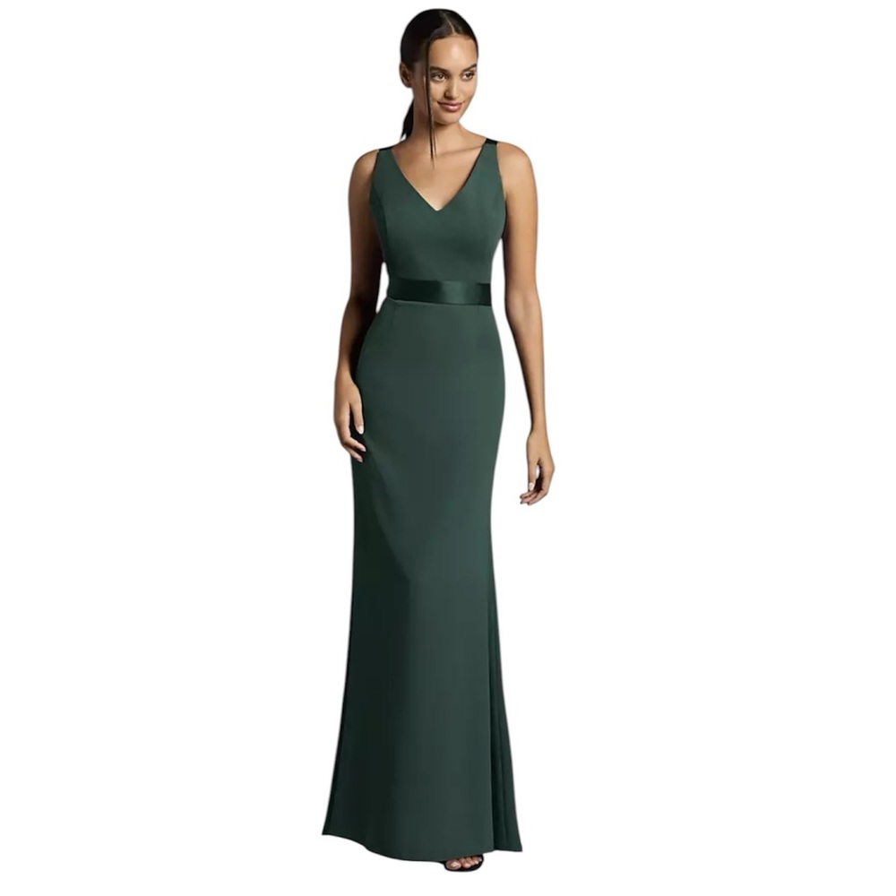 White by Vera Wang V-Neck Crepe Dress Forest Green Belted Size 18